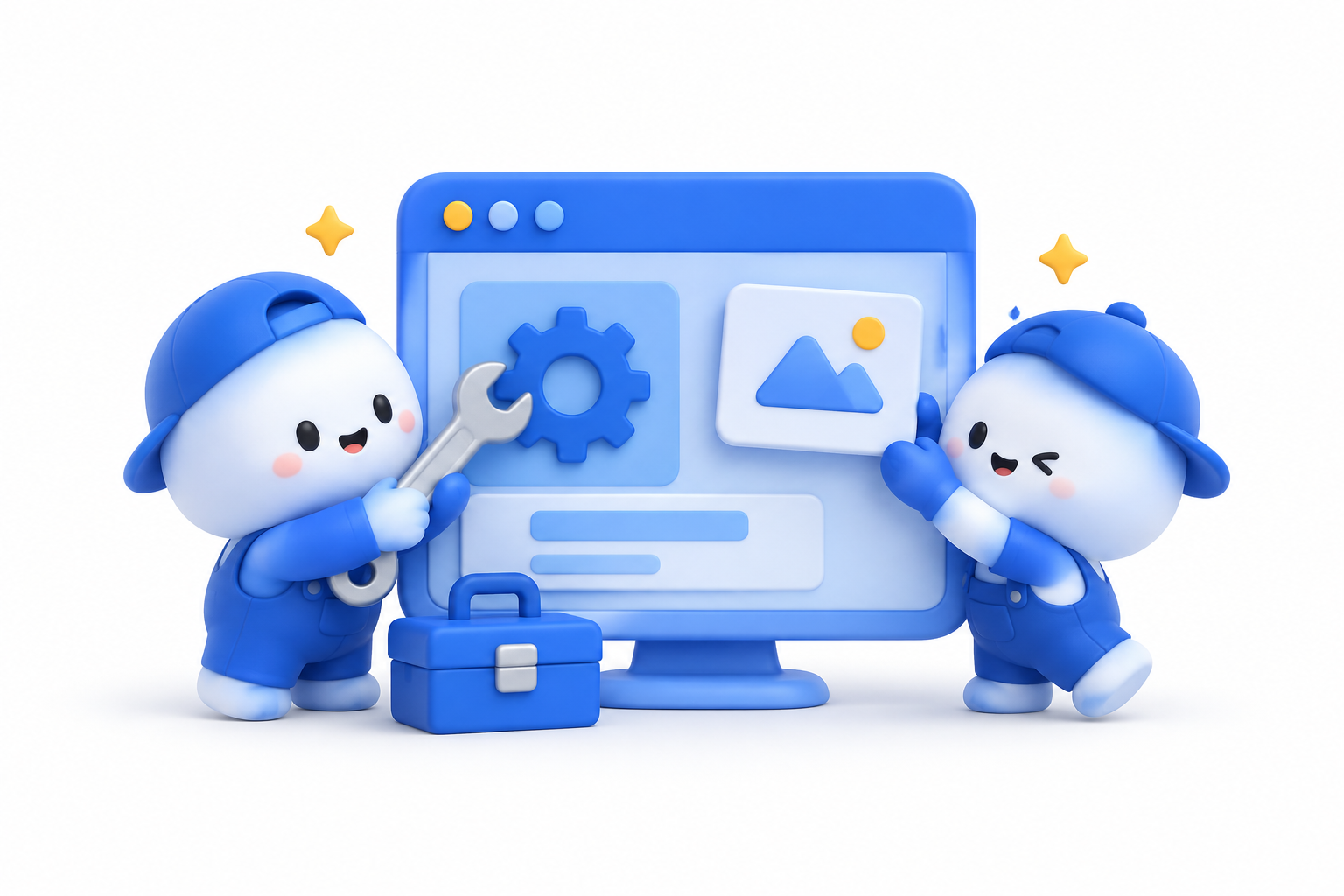 함께 홈페이지를 점검하는 귀여운 파란색 캐릭터